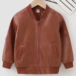 Kookie Kids Full Sleeves Solid Leather Jacket - Brown-image-47