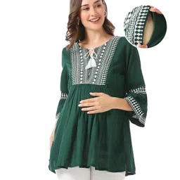 Bella Mama Woven Three Fourth Sleeves Embroidered Yoke  Maternity Top with Pocket - Green-picture-46