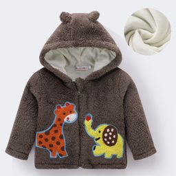 Kookie Kids Full Sleeves Hooded Winter Fur Jacket with Giraffe & Elephant Patch & 3D Applique - Grey-image-85