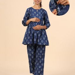 Ikk Kudi by Seerat Cotton Woven Three Fourth Sleeves Floral Printed Peplum Top With Zipper Nursing Access & Pant Set - Blue-image-71