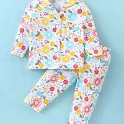 Little Darlings Cotton Knit Full Sleeves Night Suit With Floral Print - Off White-image-18