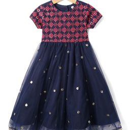 Babyhug Woven Half Sleeves Ethnic Dress With Floral Embroidery & Sequin Detailing- Navy Blue-image-80