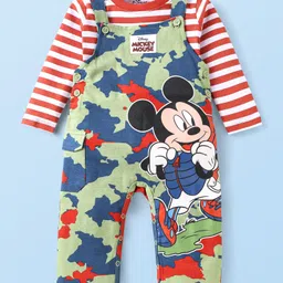 Babyhug Disney Single Jersey Knit Full Sleeves T-Shirt with Dungaree Mickey Mouse Graphics & Camouflage Detailing - Green & Red-picture-3