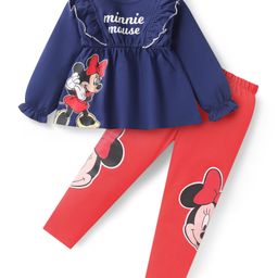 Babyhug Disney Single Jersey Knit Full Sleeves Top & Lounge Pant Set With Minnie Mouse Graphics & Frill Detailing - Navy Blue & Red-image-78