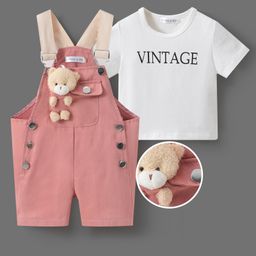 Mark & Mia Cotton Dungaree & Half Sleeves T-Shirt With Teddy Applique - Pink & White-image-27