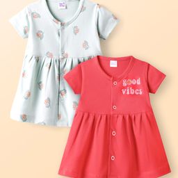 Ben Benny 100% Cotton Knit Half Sleeves Front Open Frocks with Floral & Text Print Pack of 2 - Red & Light Blue-image-50