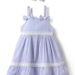Babyhug Cotton Woven Sleeveless Frock & Headband With Stripes & Lace Detailing - Light Blue & White-image-62