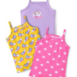 Babyhug 100% Cotton Knit Singlet Sleeves Slips with Star & Unicorn Prints Pack of 3- Dark Pink Yellow & Purple-picture-23