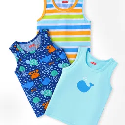 Babyhug 100% Cotton Knit Sleeveless Sando With Stripes & Sea Life Print Pack Of 3 - Blue-picture-22