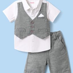 Babyhug Cotton Woven Half Sleeves Solid Color Shirt & Shorts Set with Attached Waistcoat - White & Grey-image-103