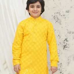 AJ Dezines Cotton Blend Full Sleeves Floral Embroidered & Sequins Embellished Kurta - Yellow-image-36