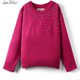 Arias Knit Full Sleeves Pullover Sweater With Beads Embellishment - Dark Pink-image-73