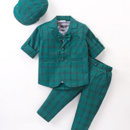 Rikidoos Full Sleeves Checked Blazer With Solid Tee & Coordinating Pant Cap & Attached Bow Set - Green & Grey-image-48