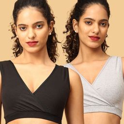 The Mom Store Cotton Knit Pack Of 2 Solid Maternity Nursing Sleep Bras - Black & Grey-image-111