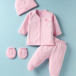 I Bears Interlock Knit Full Sleeves Front Open T-Shirt & Footed Pant Set With Cap & Mittens - Pink-image-40