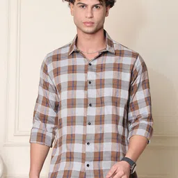 Tanip Men Spread Collar Tartan Checked Cotton Casual Shirt-picture-27