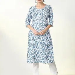 SHOWOFF Blue Cotton Printed 3/4th sleeve Kurta-image-9