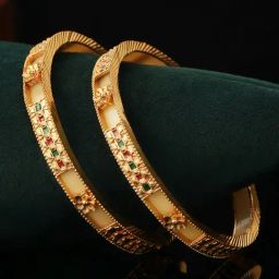 Priyaasi Yellow Multicolor Stone-Studded Geometric Gold-Plated Bangles - Set of 2-40