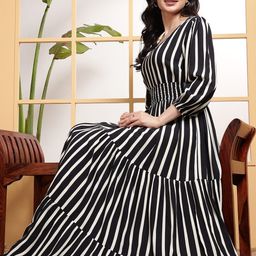 DEEBACO Women Striped Puff Sleeve Fit & Flare Maxi Dress-picture-12