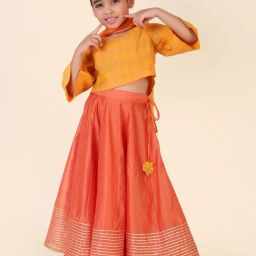 Fabindia Kids Orange Printed Lehenga, Choli with Dupatta-image-49