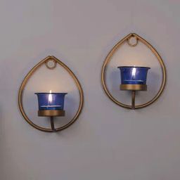 Homesake 'Easter' Blue & Golden Metal Wall Candle Holder With Tea Light Candle - Set of 2-image-101