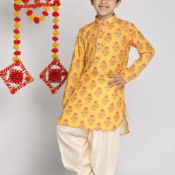 VASTRAMAY Kids Mustard & Cream Cotton Printed Kurta Set-image-45