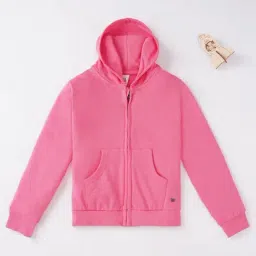 Ed-A-Mamma Sustainable Solid Zipper Hoodie With Kangaroo Pockets For Girls - Pink-image-82