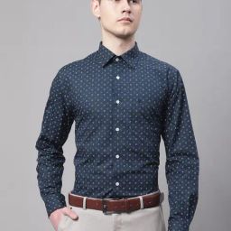 Cantabil Dark Navy Regular Fit Printed Shirt-image-42