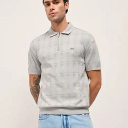 The Bear House Grey Cotton Relaxed Fit Texture Polo T-Shirt-image-59