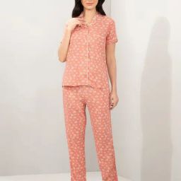 Amante Peach Relaxed Fit Printed Shirt And Pyjamas-image-15