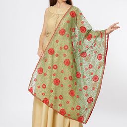 Dupatta Bazaar Women Sea Green & Red Embroidered Dupatta-12