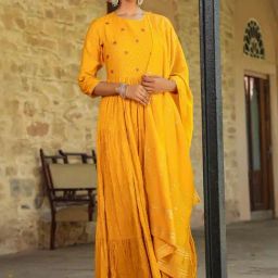 Scakhi Mustard Cotton Jacquard Tiered Dress With Dupatta-image-18