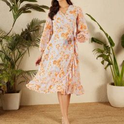 Marie Claire Sky Blue & Orange Floral Print Midi Dress-image-42