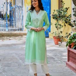 Savi Green Cotton Straight Embroidered Kurta kurtis-image-45