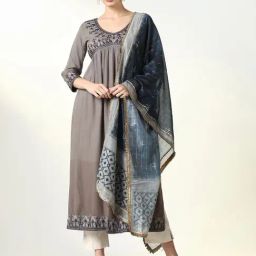 SHOWOFF Grey Cotton Embroidered 3/4th sleeve Kurta with Dupatta-picture-28