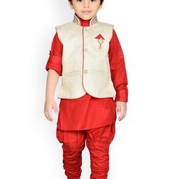 Aj DEZInES Boys Red & Beige Solid Kurta with Jodhpuri Pants & Waistcoat-34