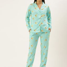 Sleepy Gals Women Turquoise Blue Rooster Print Pure Cotton Night Suit-image-79