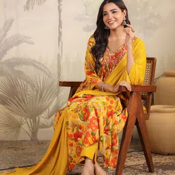 Janasya Women Floral Printed Pleated Sequinned Kurta with Trousers & With Dupatta-picture-44