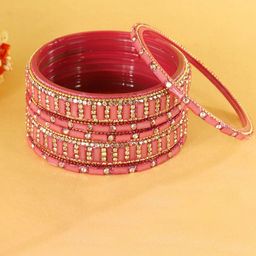 ZULKA Set Of 6 Zircon Diamonds Studded & Beaded GlassBangles-image-79