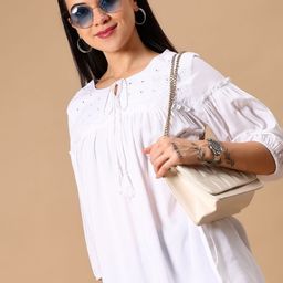 V-Mart Tie-Up Neck Puff Sleeve Ruffle A-Line Top-picture-37