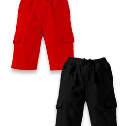 Kiddopanti Pack Of 2 Solid Cargo  Shorts - Red & Jet Black-image-26