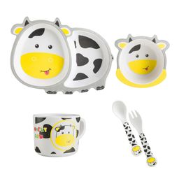 SCHOOLISH COW  Design 5 Pieces Set Bamboo Kids Dinnerware Set  Children Dishes  Food Plate Bowl Mug Spoon Fork Set Dishware Cartoon Tableware Dishwasher Safe Kids Healthy Mealtime BPA Free Pack of 1 (Color May Vary)-picture-3