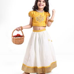 Babyhug Half Sleeves Pattu Pavada Choli & Lehenga with Floral Embroidery - Yellow-22