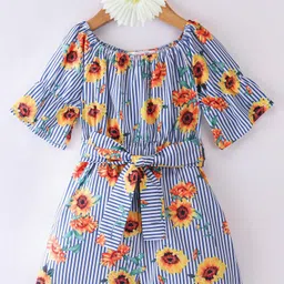 Kookie Kids Half Sleeves Jumpsuit With Striped & Floral Print - Blue-picture-49