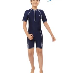 Bosky Swimwear Half Sleeves Bodysuit with Line Print - Navy Blue-image-70