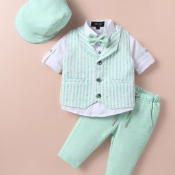 Robo Fry Lycra Knit Full Sleeves 3 Piece Striped Party Suits with Cap & Bow - Light Blue-picture-38