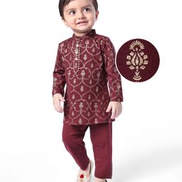 Earthy Touch Single Jersey Knit Full Sleeves Kurta Pyjama Set Floral Foil Print - Maroon-image-67