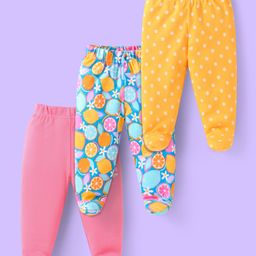 Babyhug Cotton Knit Full Length Footed Leggings With Polka Dot & Fruit Print Pack of 3 - Pink Blue & Yellow-image-98