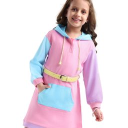 Hola Bonita Looper Knit Full Sleeves Solid Colour Knee Length Hooded Sweatshirt Dress with Kangaroo Pocket - Pink-image-67