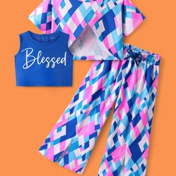 Ollington St. Cotton Knit Half Sleeves Geometric Printed Co Ord Top & Joggers Set with Vest - Blue White & Pink-image-91